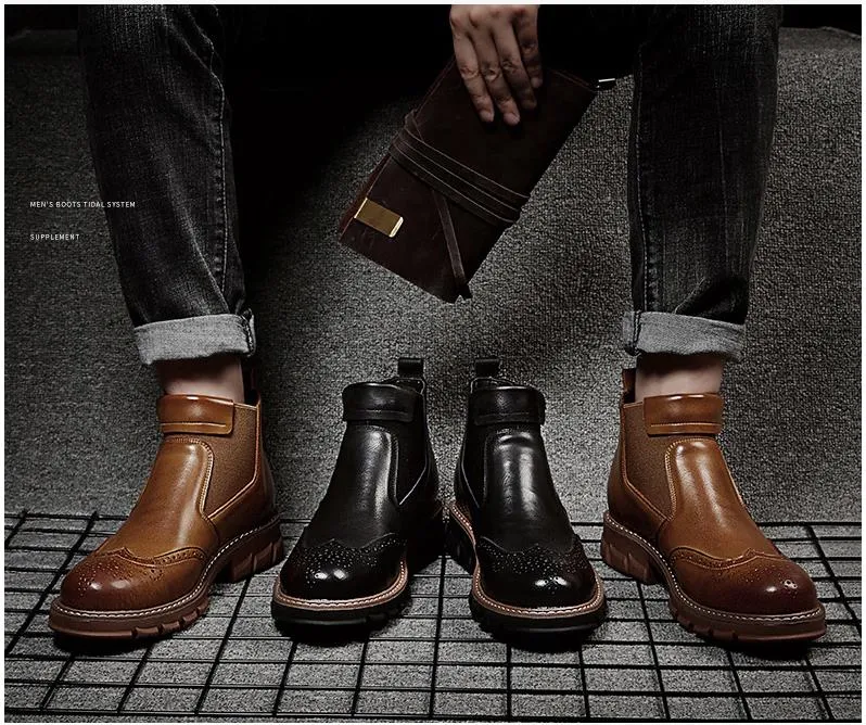 Men Genuine Leather Chelsea Boots Autumn Winter Brogues Shoes Male Platform Ankle Boots Breathable Fashion Motorcycle Boots