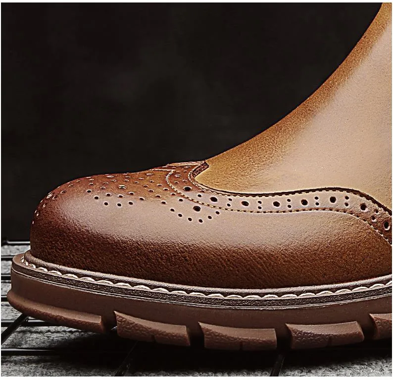 Men Genuine Leather Chelsea Boots Autumn Winter Brogues Shoes Male Platform Ankle Boots Breathable Fashion Motorcycle Boots