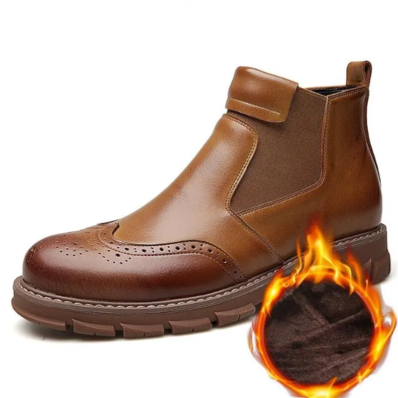 Men Genuine Leather Chelsea Boots Autumn Winter Brogues Shoes Male Platform Ankle Boots Breathable Fashion Motorcycle Boots