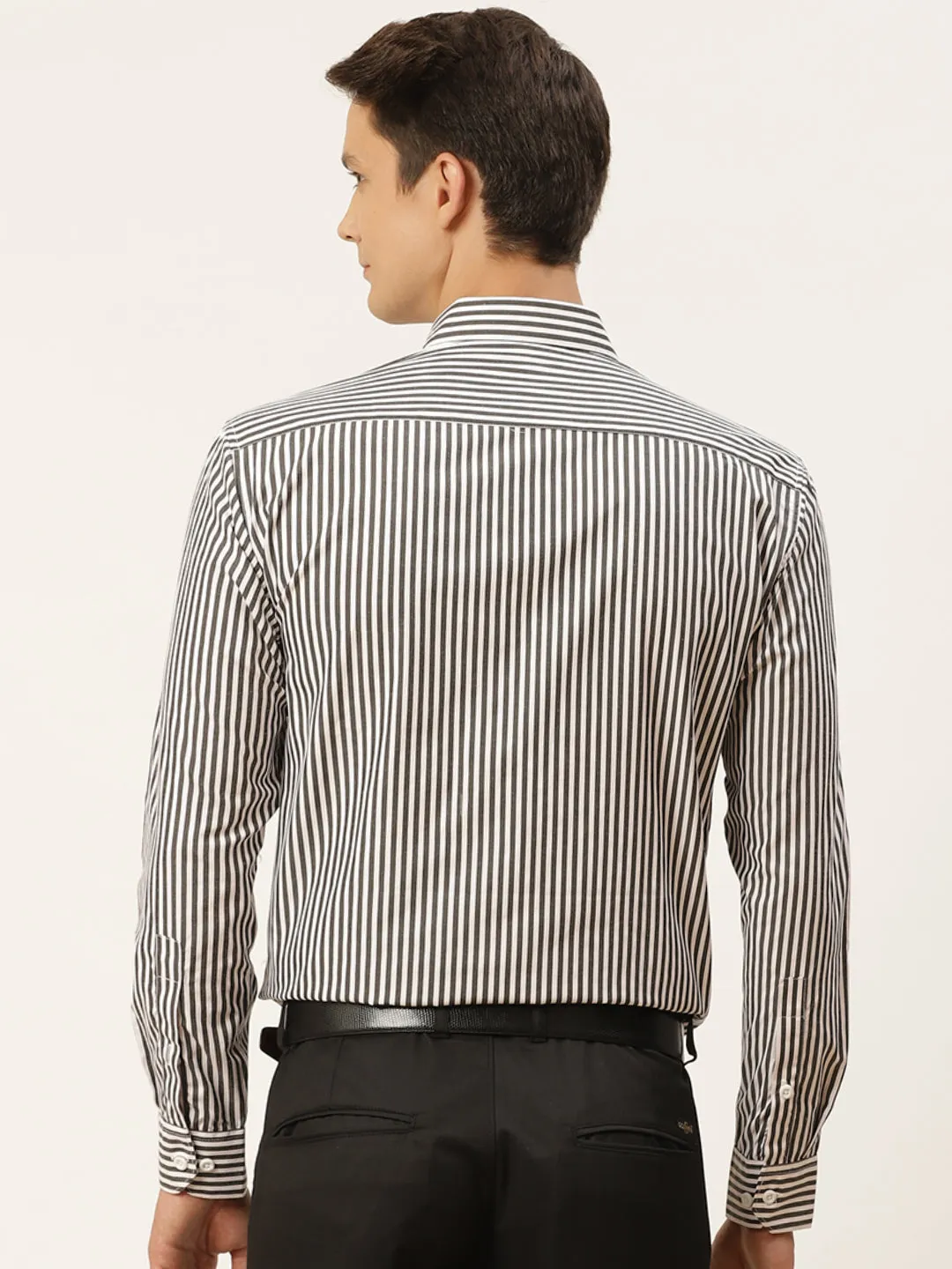 Men's Cotton Black & White Striped Formal Shirt - Sojanya