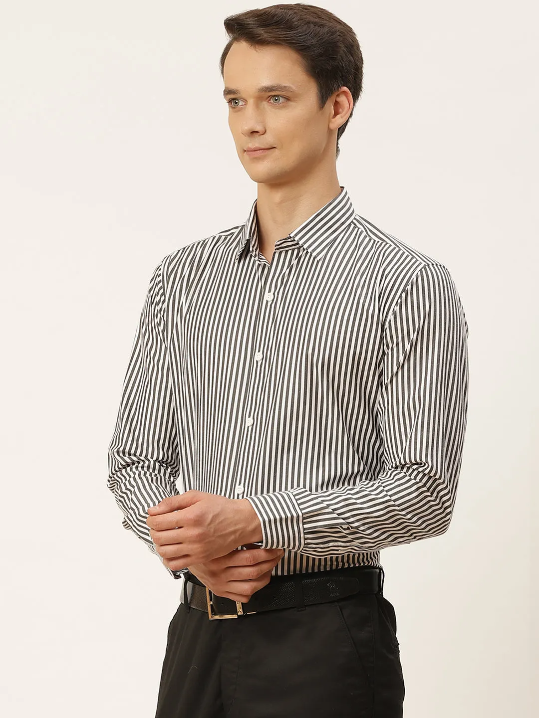 Men's Cotton Black & White Striped Formal Shirt - Sojanya