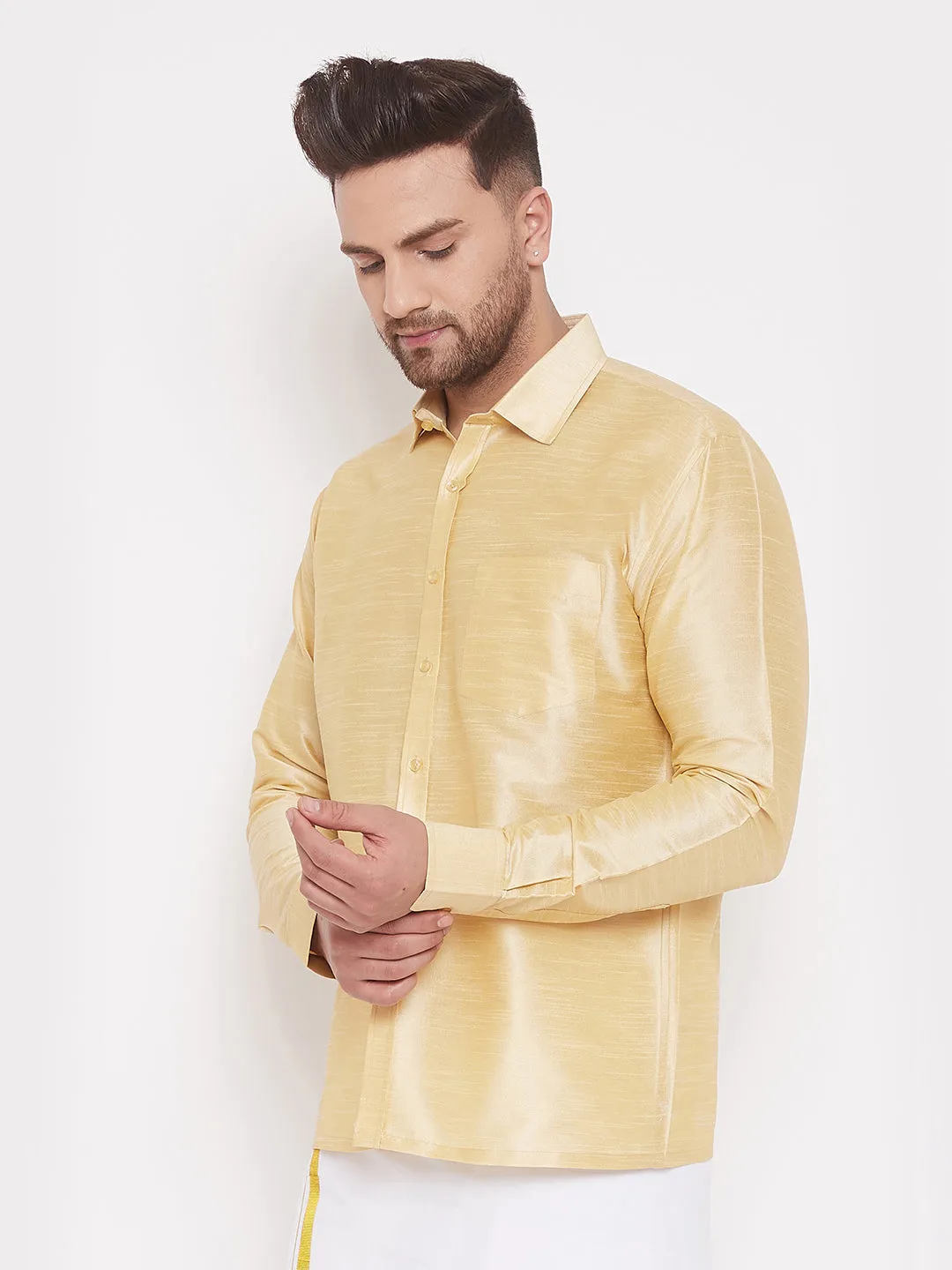 Men's Gold Silk Blend Ethnic Shirt - Vastramay