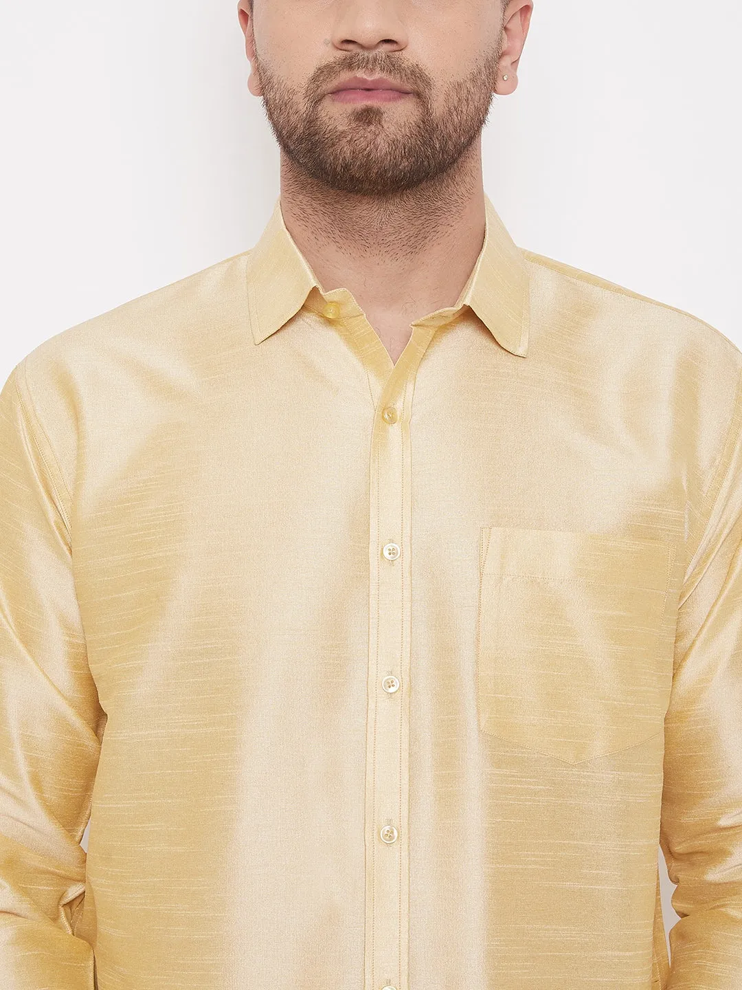Men's Gold Silk Blend Ethnic Shirt - Vastramay