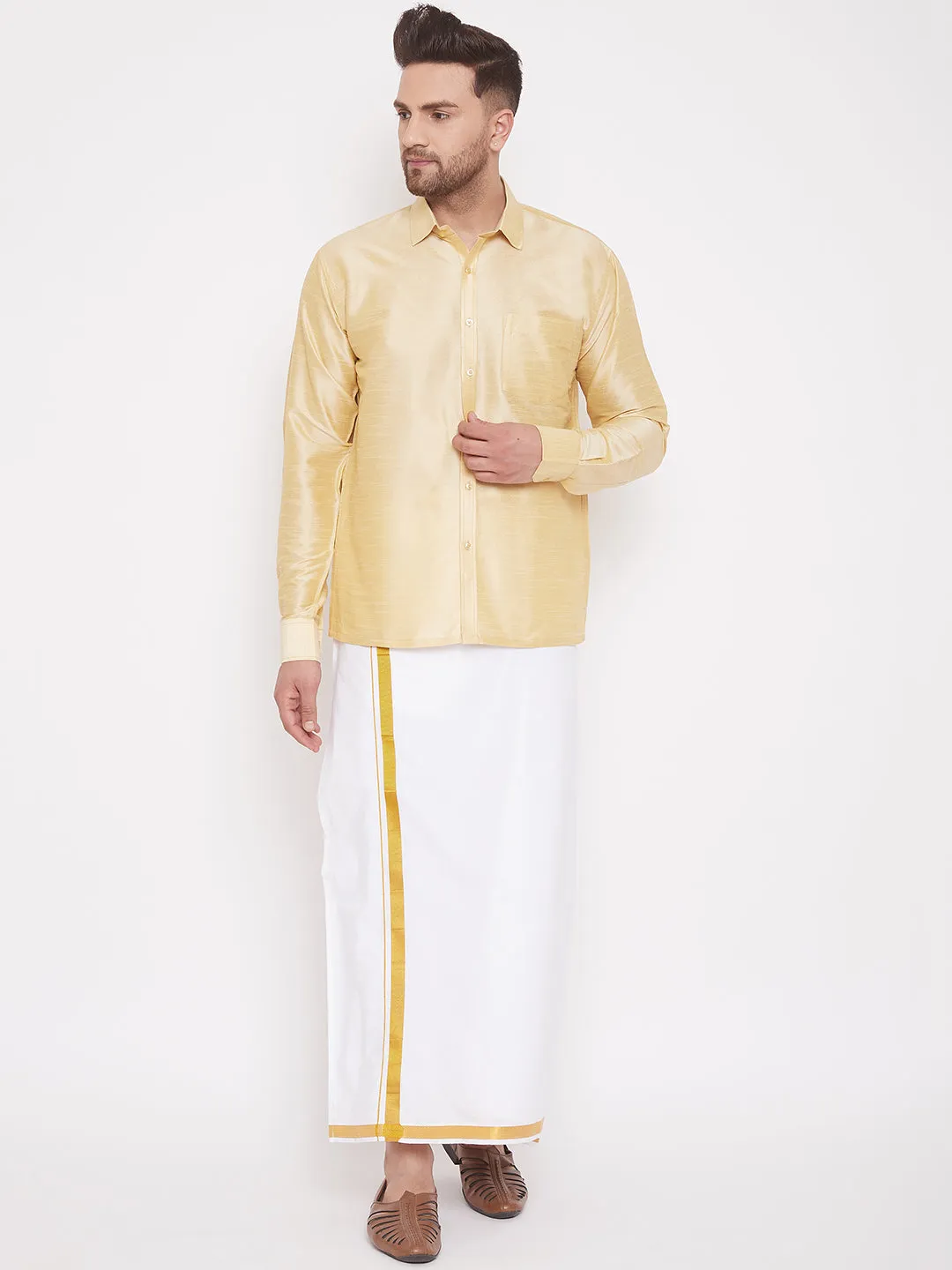 Men's Gold Silk Blend Ethnic Shirt - Vastramay