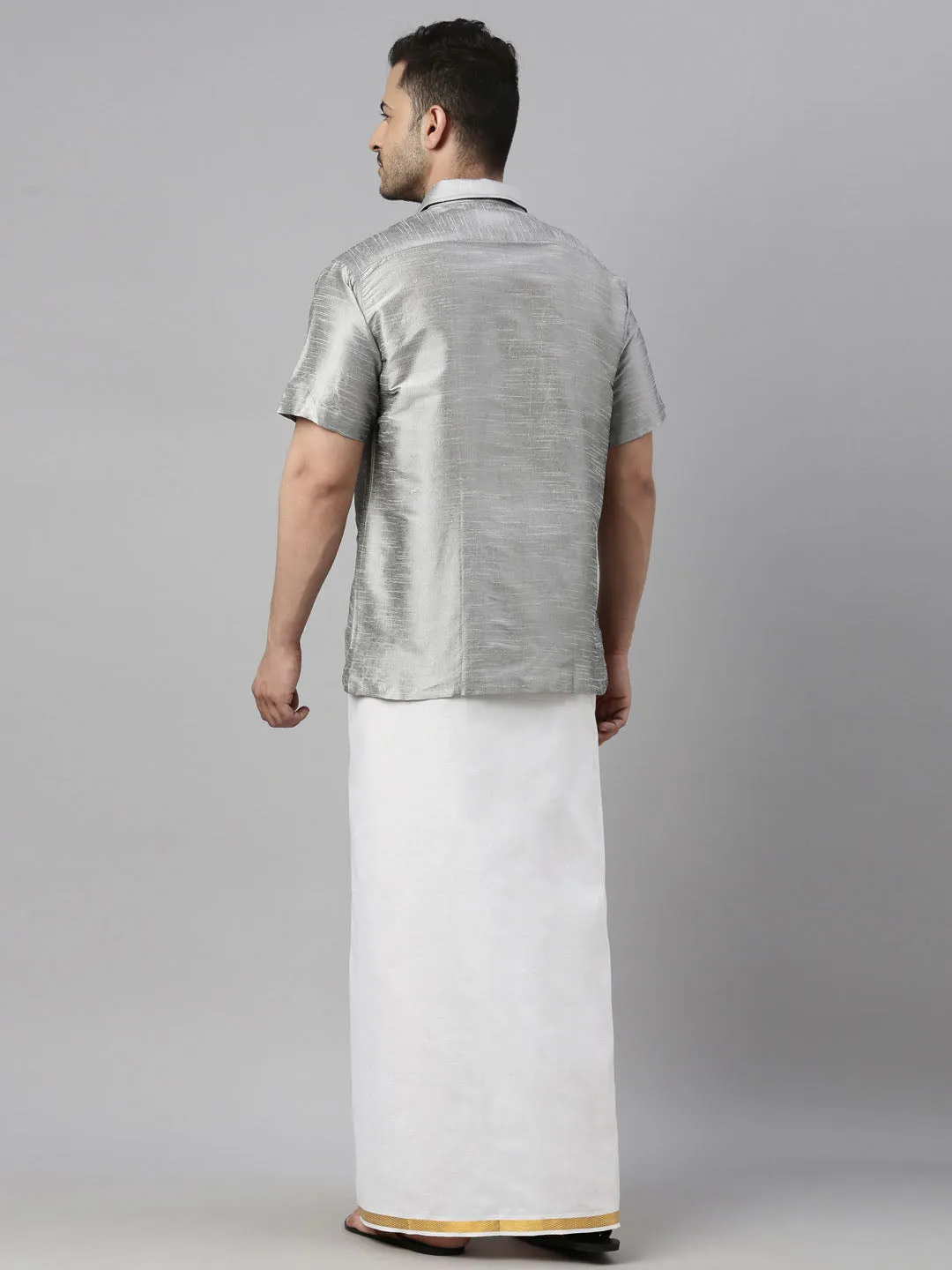 Men's Grey And White Silk Blend Shirt And Mundu - Vastramay