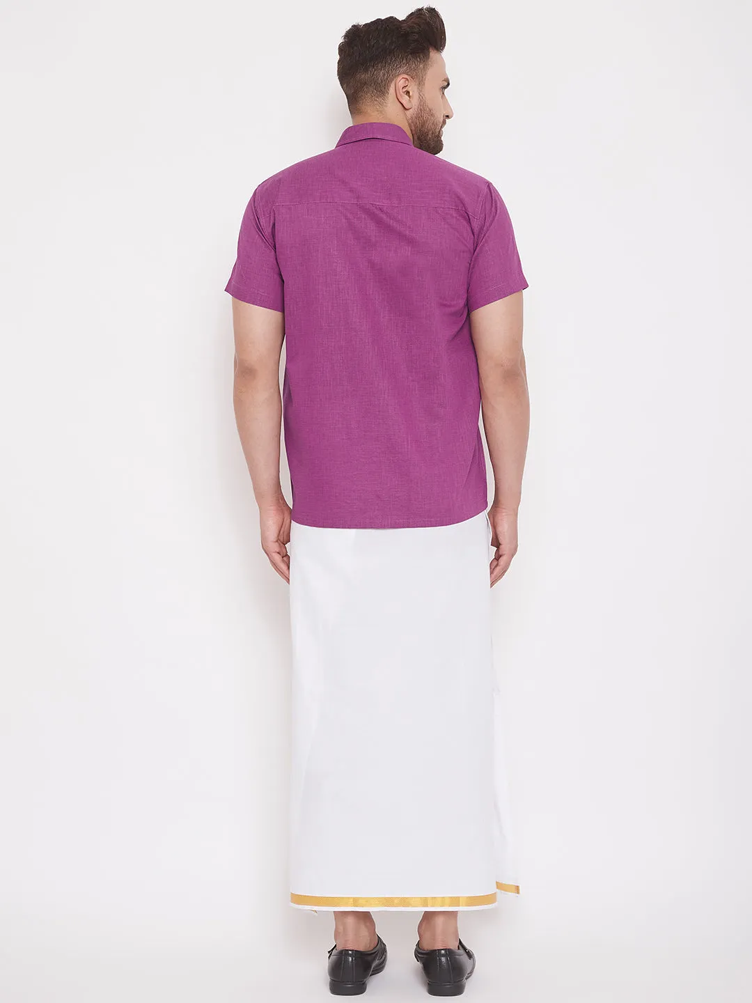 Men's Pink And White Cotton Blend Shirt And Mundu - Vastramay