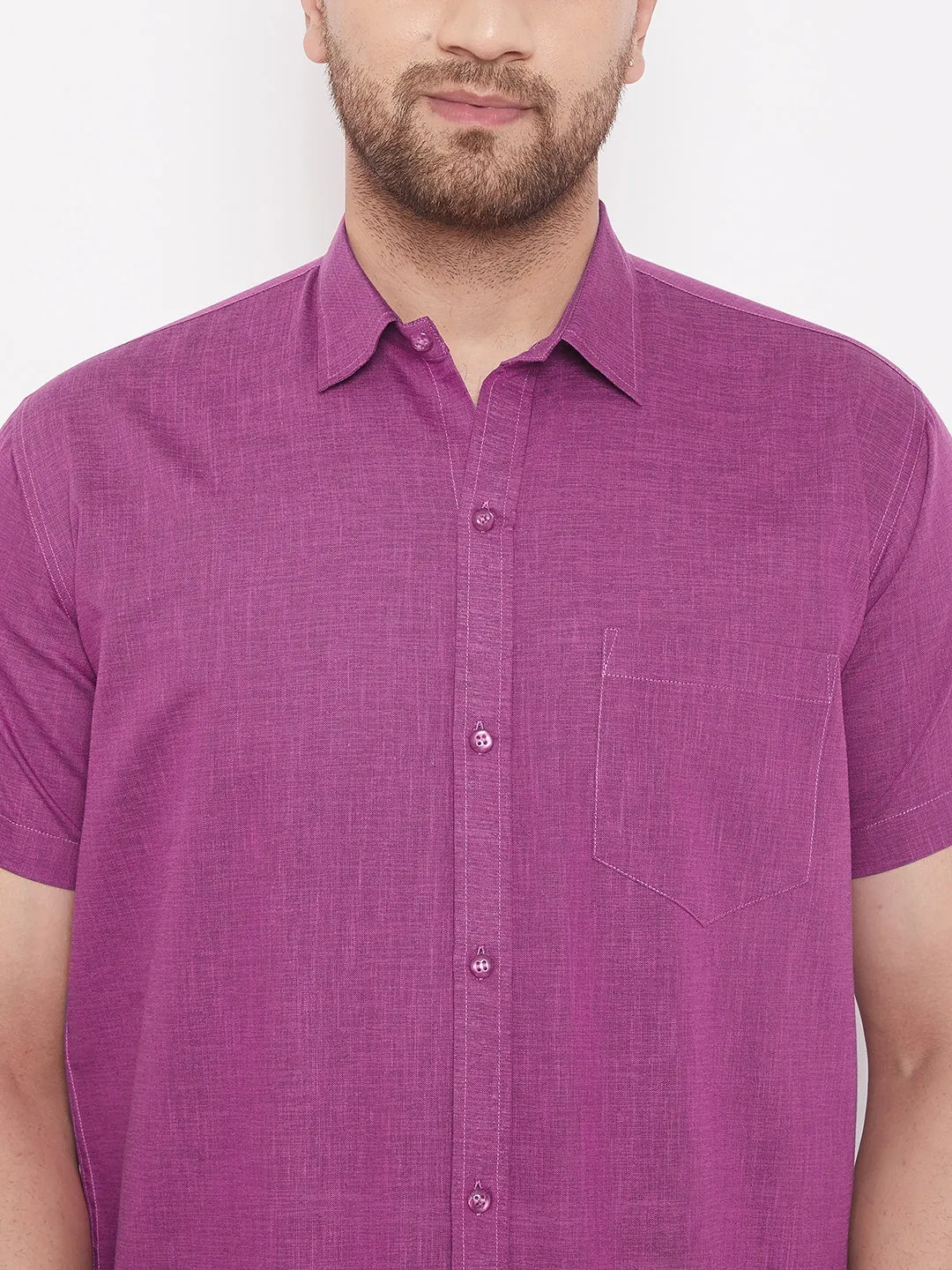 Men's Pink And White Cotton Blend Shirt And Mundu - Vastramay