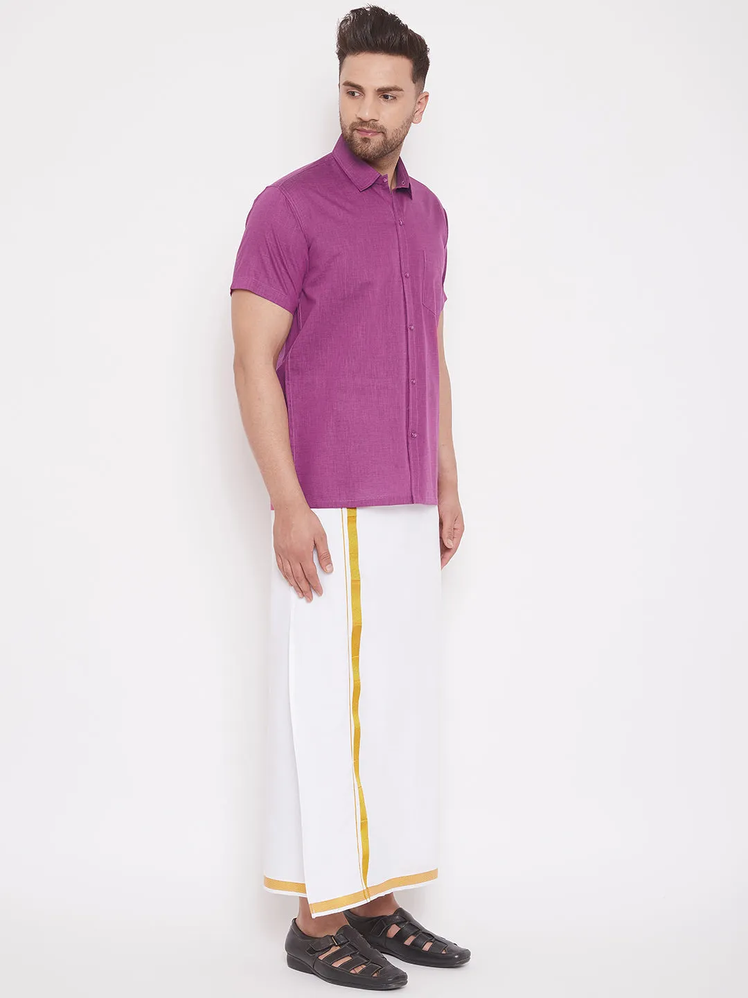 Men's Pink And White Cotton Blend Shirt And Mundu - Vastramay