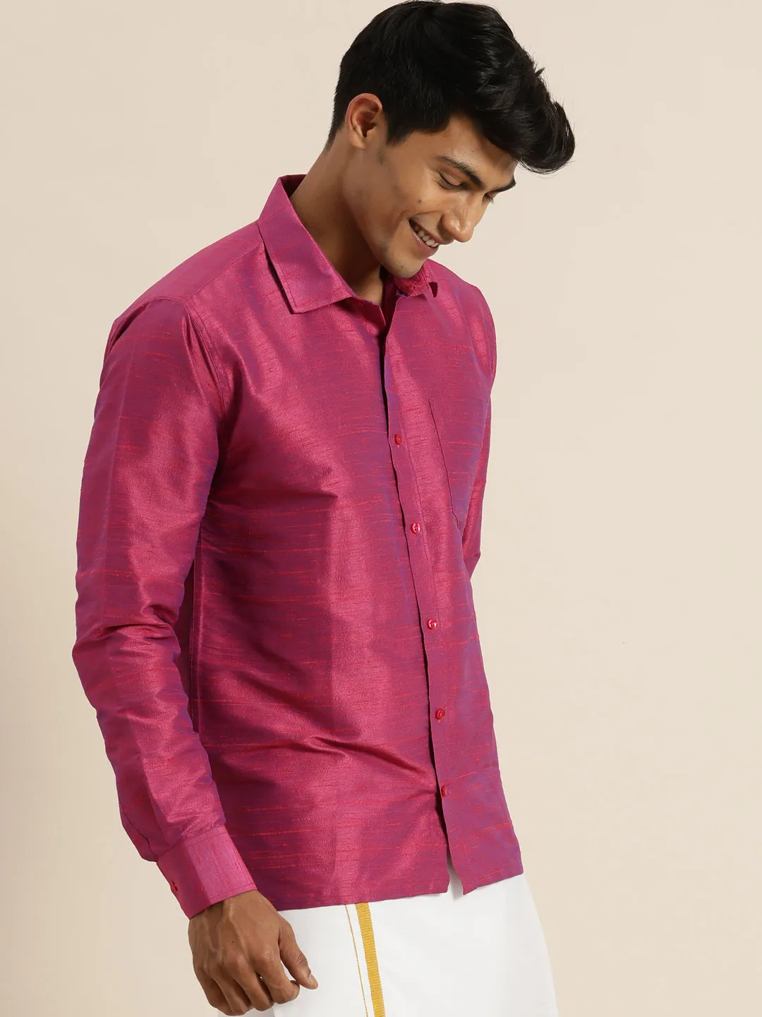 Men's Purple Raw Silk Ethnic Shirt - Vastramay