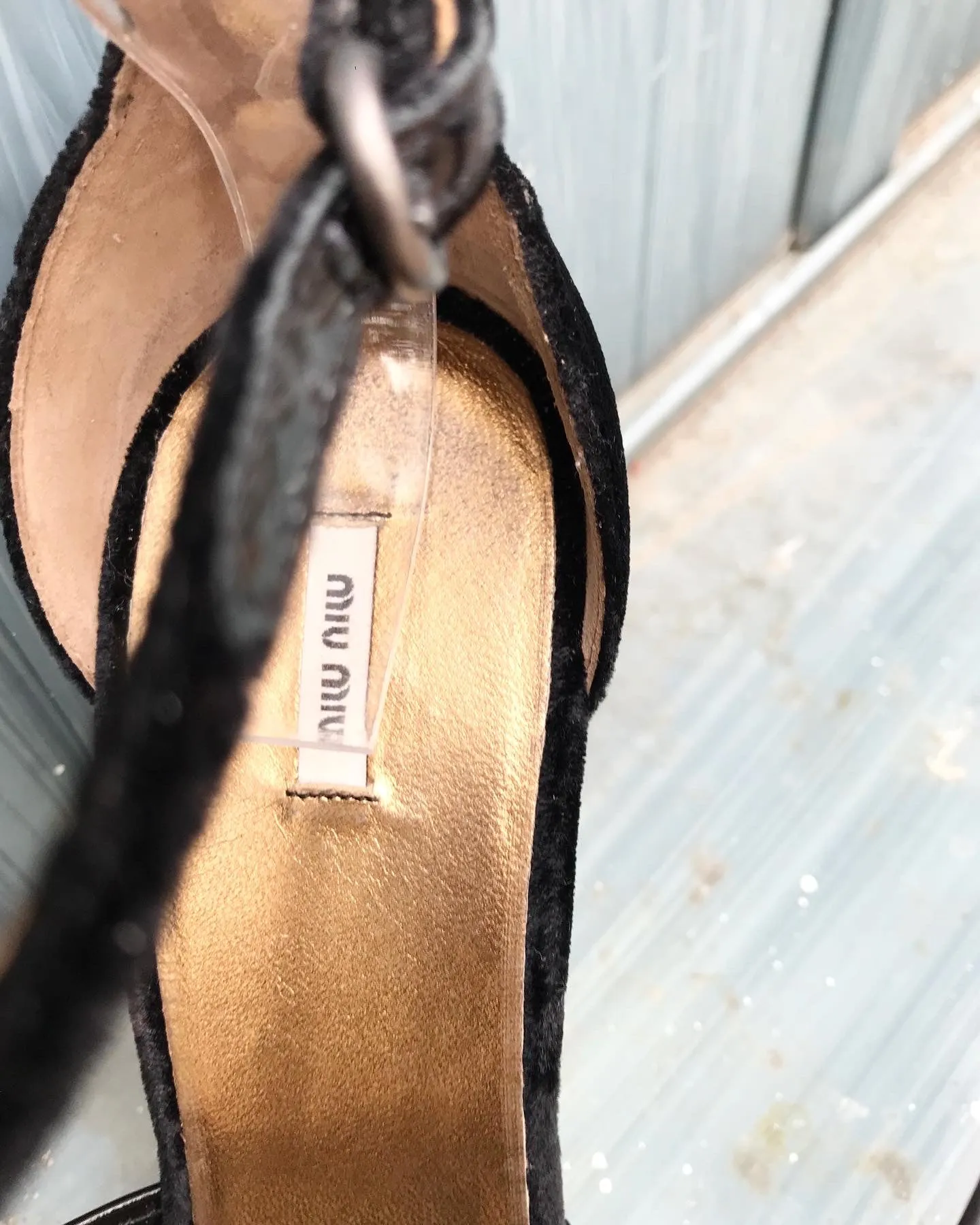 MIU MIU Patent Leather Velvet Gold Wedge Heels