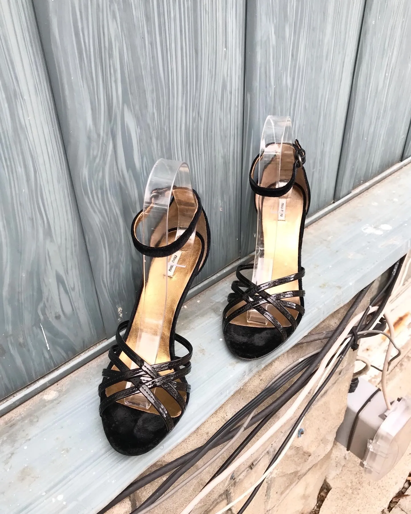 MIU MIU Patent Leather Velvet Gold Wedge Heels