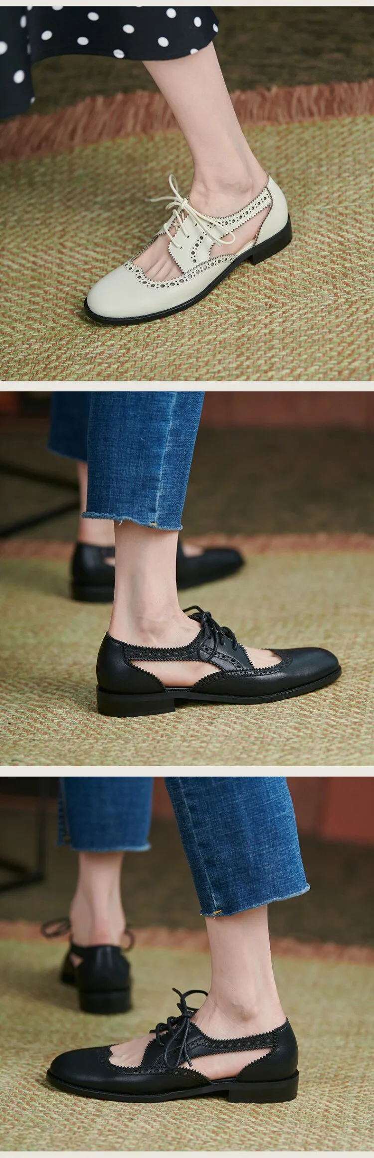 New Summer Women Shoes Split Leather Round Toe Low Heel Cover Heel Brogues Casual Women Sandals Spring/Autumn Shoes for Ladies