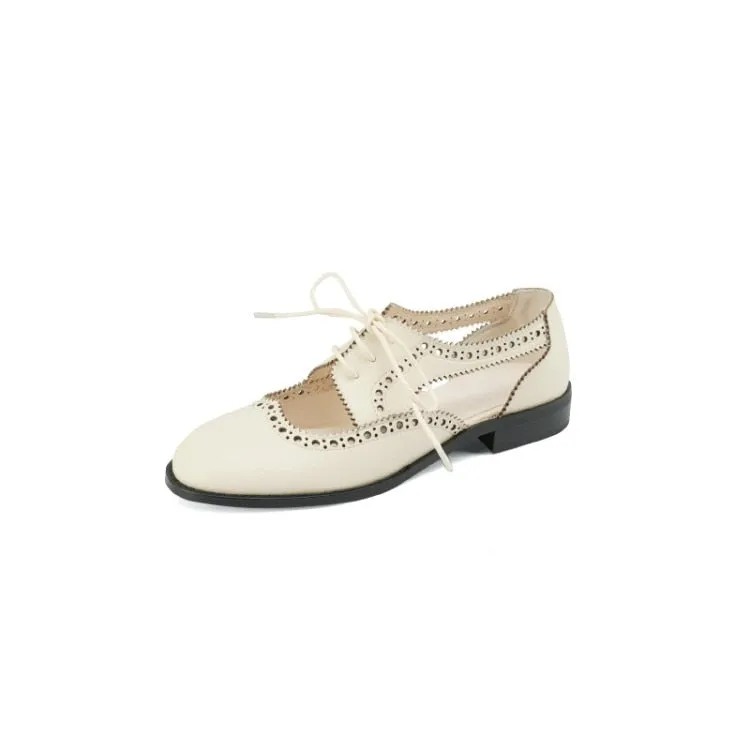 New Summer Women Shoes Split Leather Round Toe Low Heel Cover Heel Brogues Casual Women Sandals Spring/Autumn Shoes for Ladies