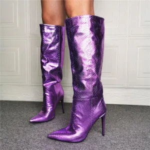 Party Purple PU Point Toe High Heel Knee High Boots