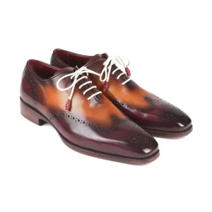 Paul Parkman Handmade Designer Shoes Men's Bordeaux & Camel Wingtip Calfskin Oxfords 097BY30 (PM5709)