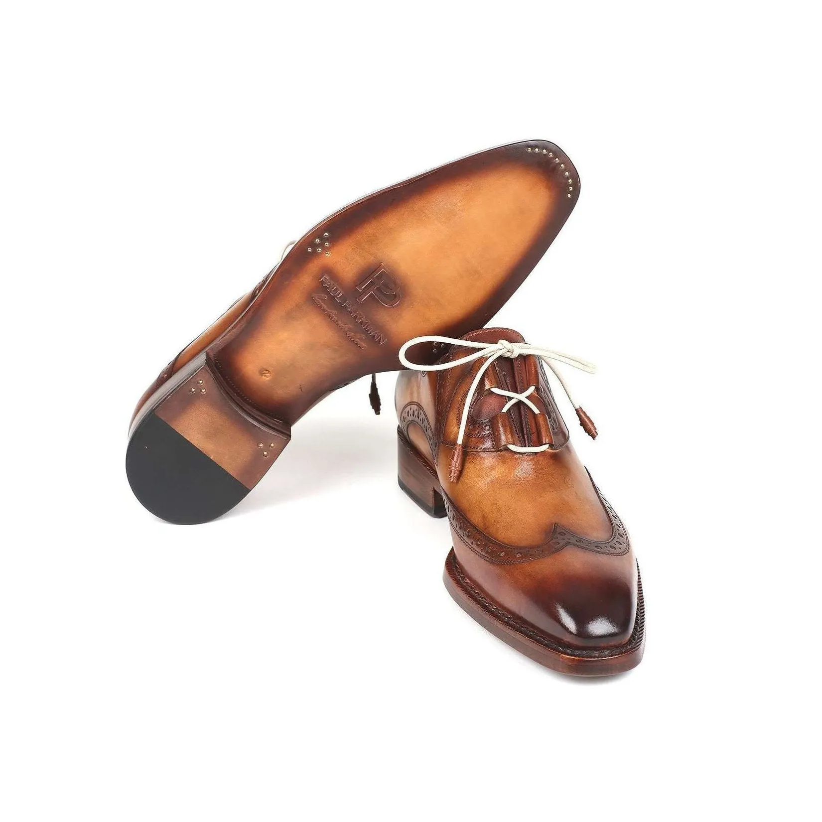 Paul Parkman Handmade Designer Shoes Men's Ghillie Lacing Brown & Camel Wingtip Calfskin Oxfords 2955-CML (PM5720)