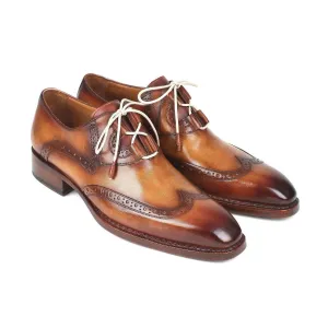 Paul Parkman Handmade Designer Shoes Men's Ghillie Lacing Brown & Camel Wingtip Calfskin Oxfords 2955-CML (PM5720)