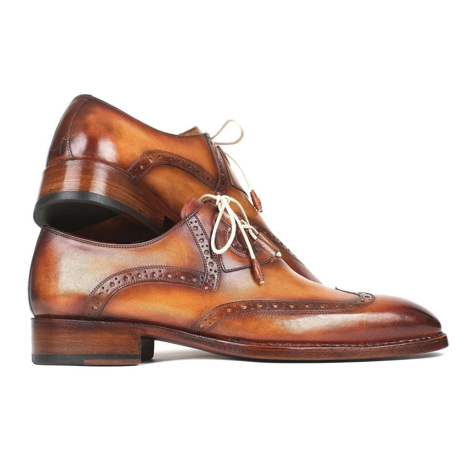 Paul Parkman Handmade Designer Shoes Men's Ghillie Lacing Brown & Camel Wingtip Calfskin Oxfords 2955-CML (PM5720)