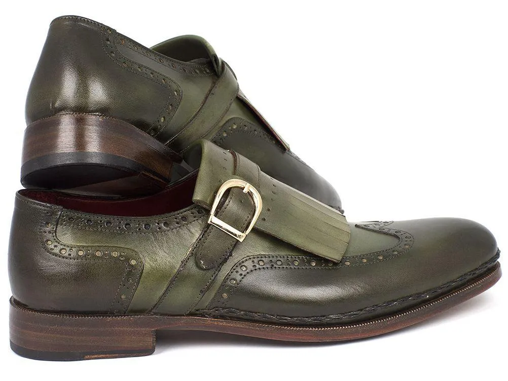 Paul Parkman Men's Wingtip Monkstrap Brogues Green Hand-Painted Leather Upper With Double Leather Sole (ID#060-GREEN)