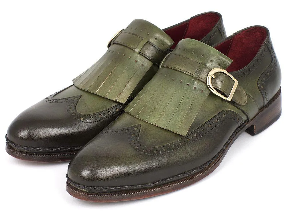 Paul Parkman Men's Wingtip Monkstrap Brogues Green Hand-Painted Leather Upper With Double Leather Sole (ID#060-GREEN)