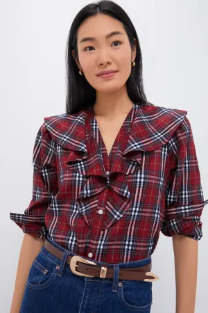 Red Plaid V Neck Ruffle Eileen Button Down Red Plaid V Neck Ruffle Eileen Button Down