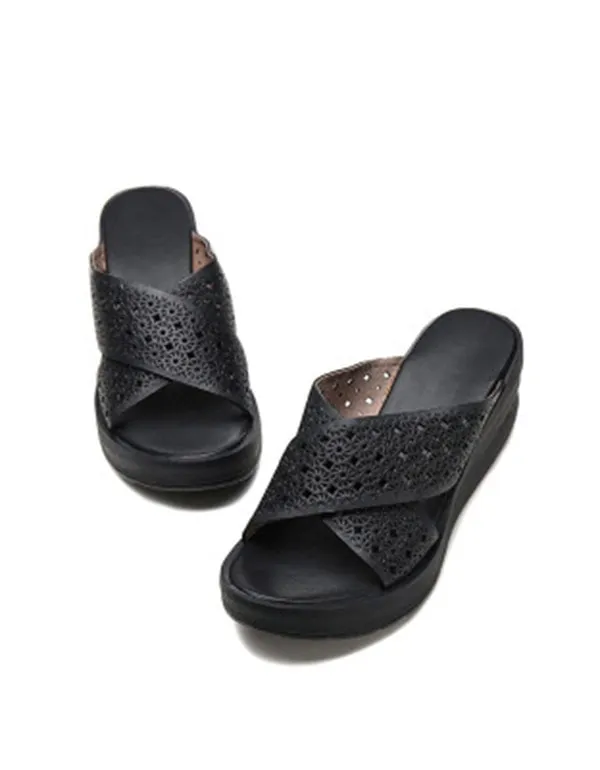 Retro Leather Wedge Heels Sippers Waterproof