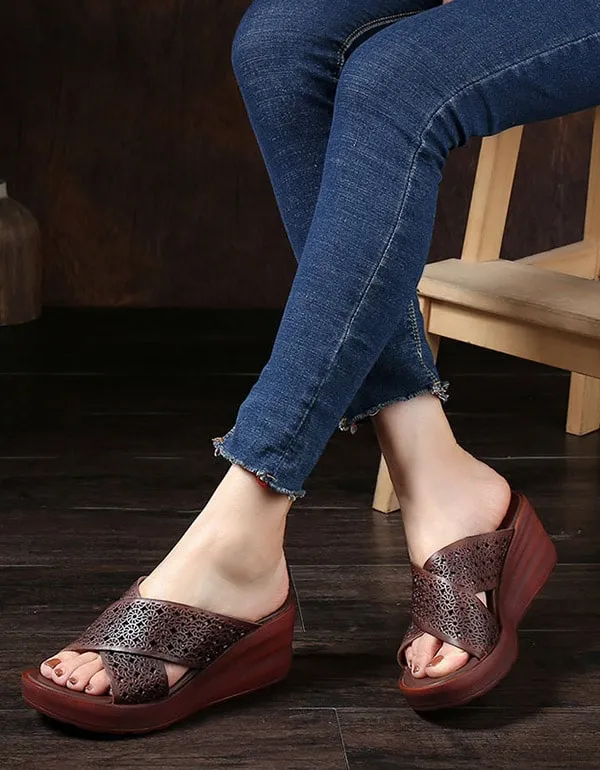 Retro Leather Wedge Heels Sippers Waterproof