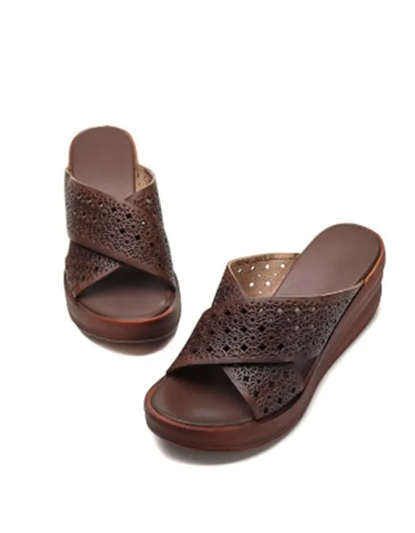 Retro Leather Wedge Heels Sippers Waterproof