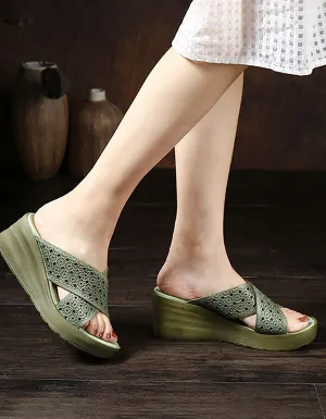Retro Leather Wedge Heels Sippers Waterproof