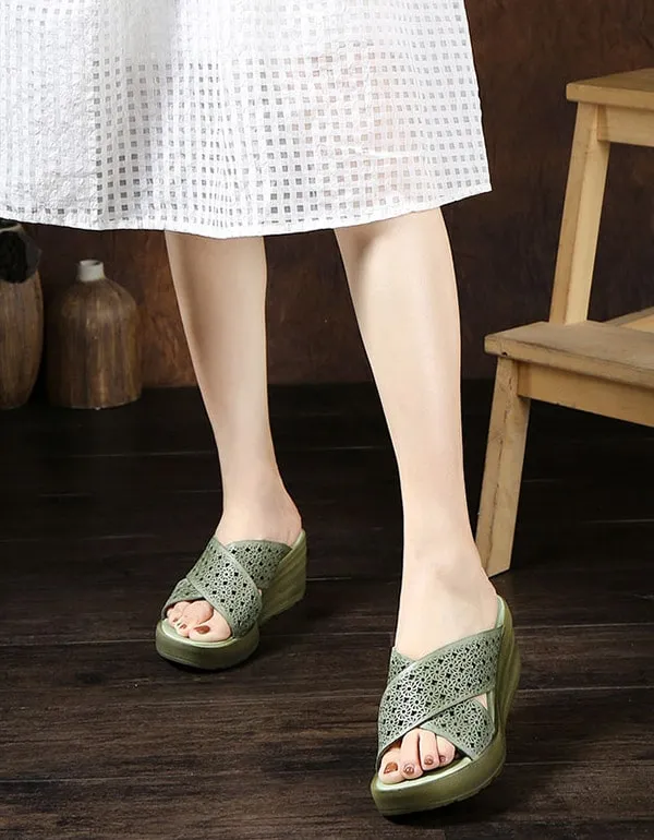 Retro Leather Wedge Heels Sippers Waterproof