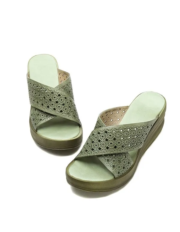 Retro Leather Wedge Heels Sippers Waterproof