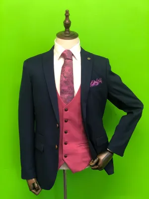 Royal Blue Suit with Pink Waistcoat and Pink Paisley Print Tie Set