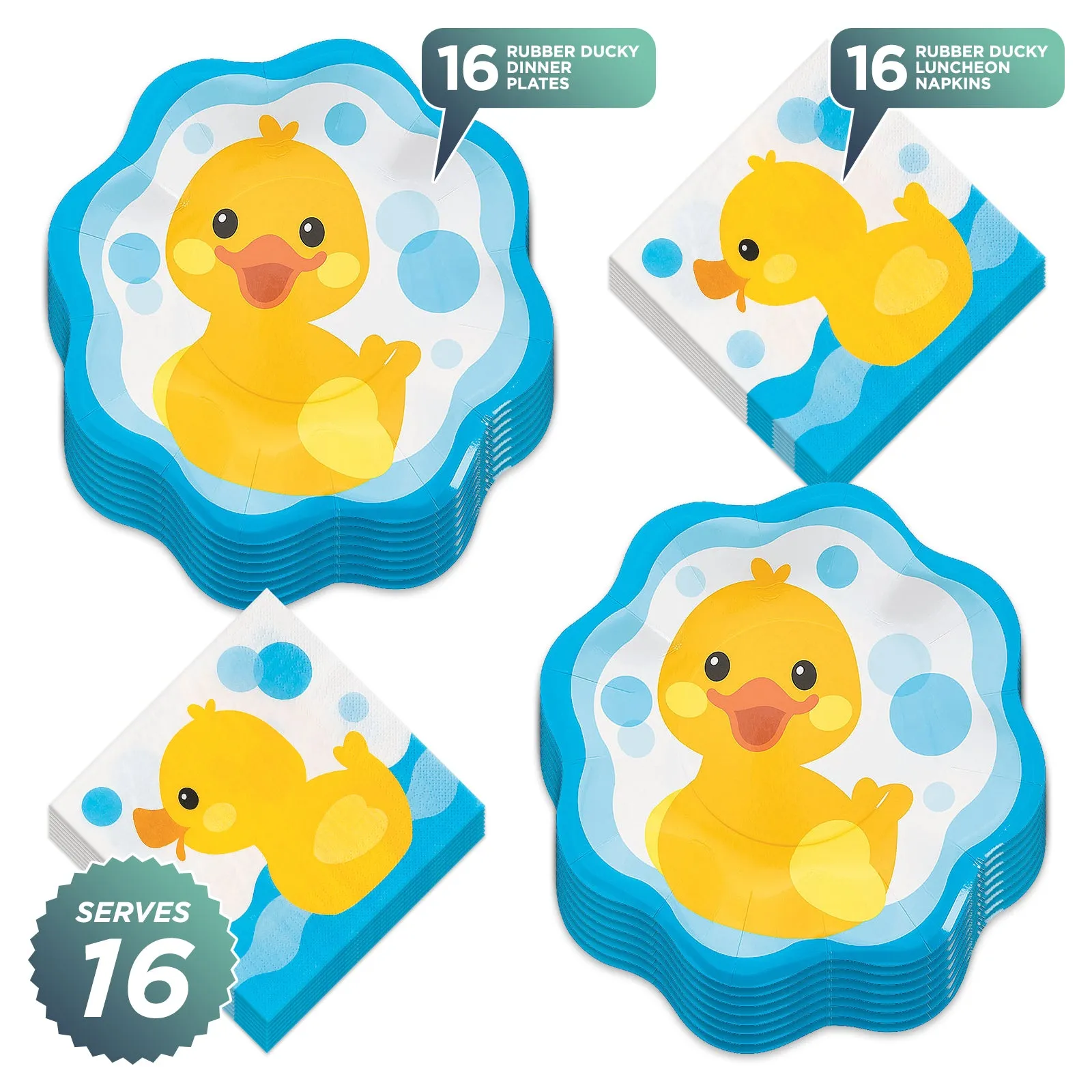 Rubber Ducky Scalloped Paper Dinner Plates and Luncheon Napkins (Serves 16)