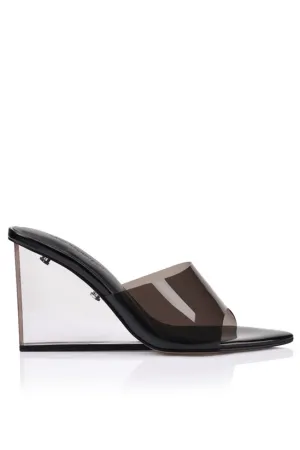 Sara Wedge Lucite & Black Leather