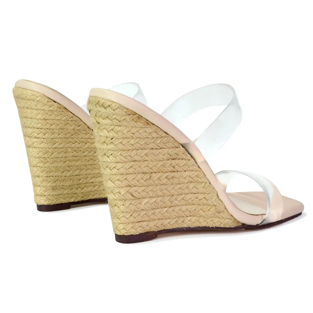 Shea Perspex Strappy Square Toe Espadrilles Wedge High Heel Sandals in Green