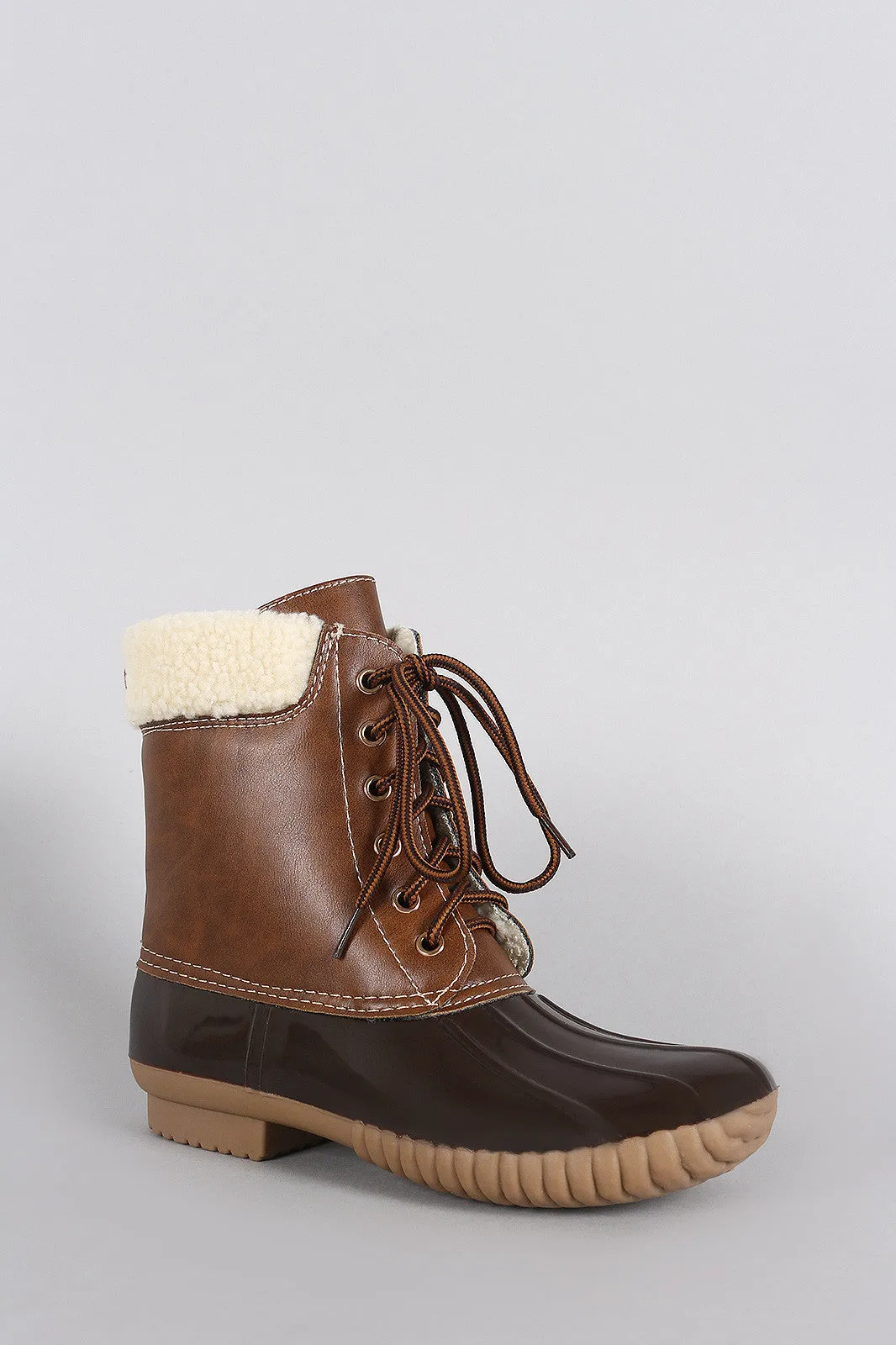 Shearling Cuff Round Toe Lace Up Duck Ankle Boots