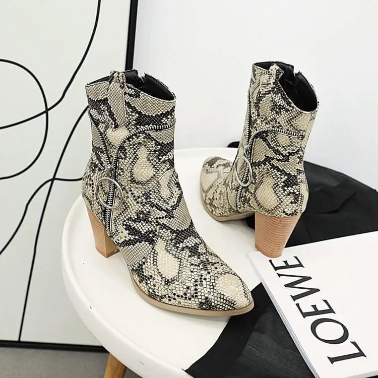 Snakeskin Leather High Chunky Heel Zipper Calf Boots