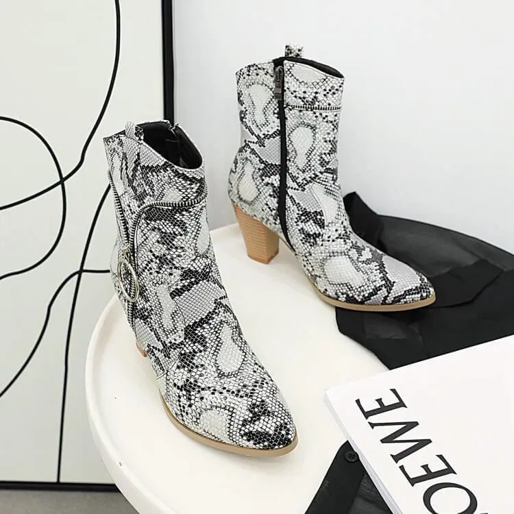 Snakeskin Leather High Chunky Heel Zipper Calf Boots