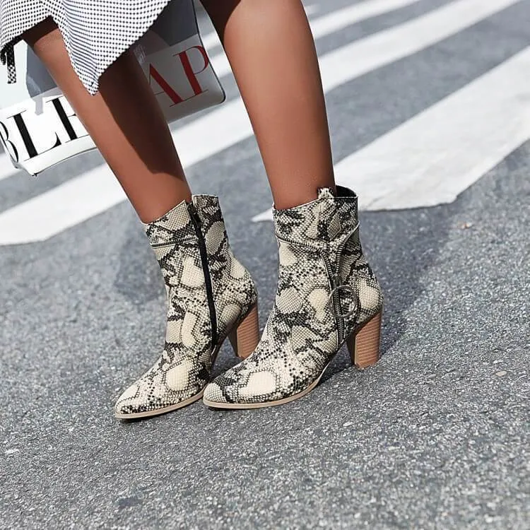 Snakeskin Leather High Chunky Heel Zipper Calf Boots