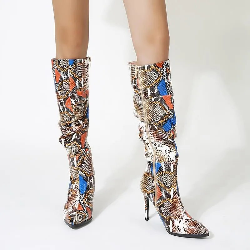 Snakeskin PU Point Toe Zipper High Heel Knee High Boots
