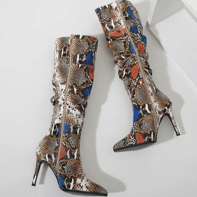 Snakeskin PU Point Toe Zipper High Heel Knee High Boots
