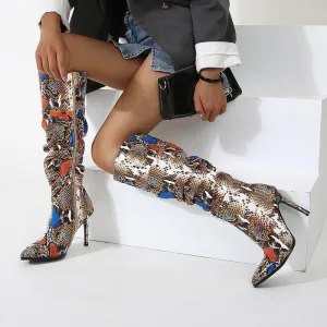 Snakeskin PU Point Toe Zipper High Heel Knee High Boots