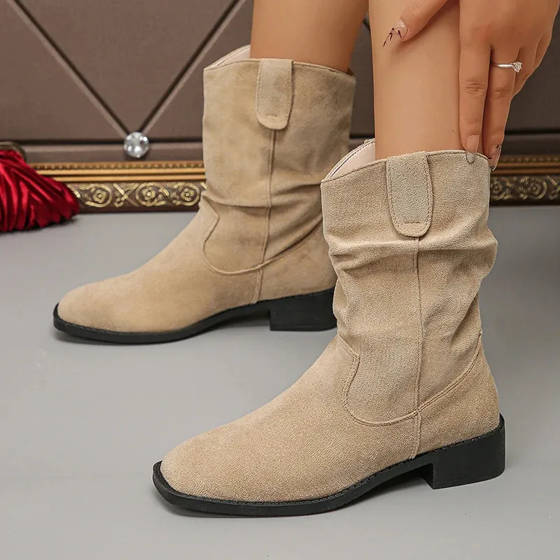 Sohiwoo Solid Color Thick Heels Western Boots Women Retro Slip On Stacked Mid Calf Boots Woman Plus Size Faux Suede Riding Botas Mujer