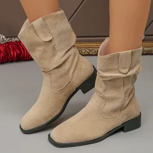 Sohiwoo Solid Color Thick Heels Western Boots Women Retro Slip On Stacked Mid Calf Boots Woman Plus Size Faux Suede Riding Botas Mujer