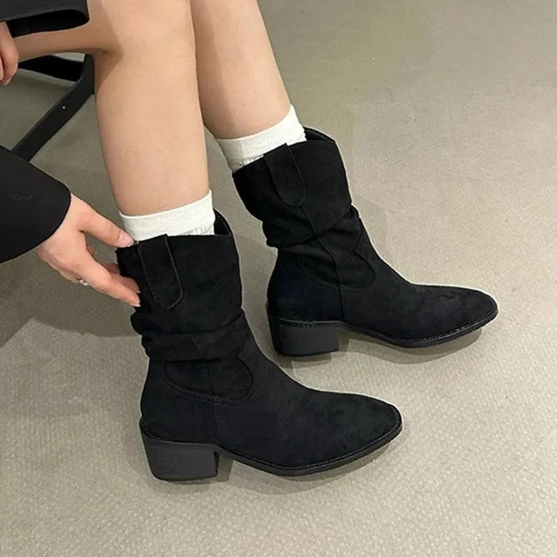 Sohiwoo Solid Color Thick Heels Western Boots Women Retro Slip On Stacked Mid Calf Boots Woman Plus Size Faux Suede Riding Botas Mujer