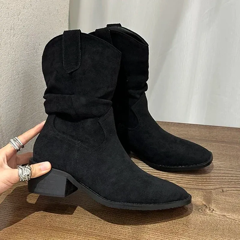Sohiwoo Solid Color Thick Heels Western Boots Women Retro Slip On Stacked Mid Calf Boots Woman Plus Size Faux Suede Riding Botas Mujer