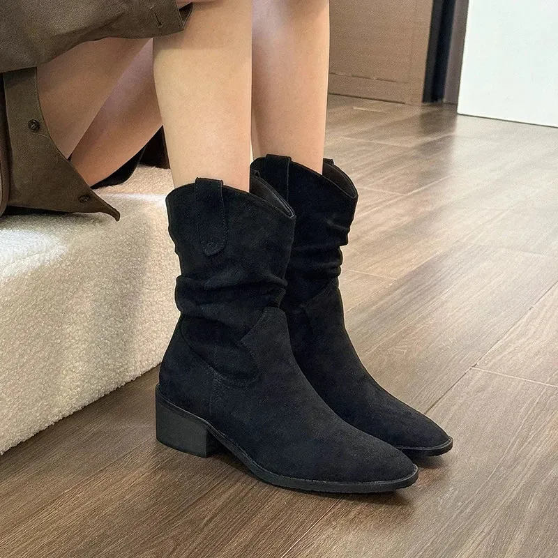 Sohiwoo Solid Color Thick Heels Western Boots Women Retro Slip On Stacked Mid Calf Boots Woman Plus Size Faux Suede Riding Botas Mujer