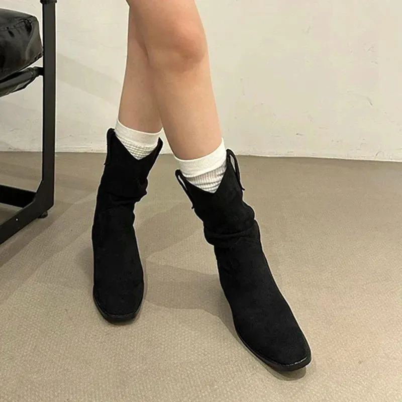 Sohiwoo Solid Color Thick Heels Western Boots Women Retro Slip On Stacked Mid Calf Boots Woman Plus Size Faux Suede Riding Botas Mujer