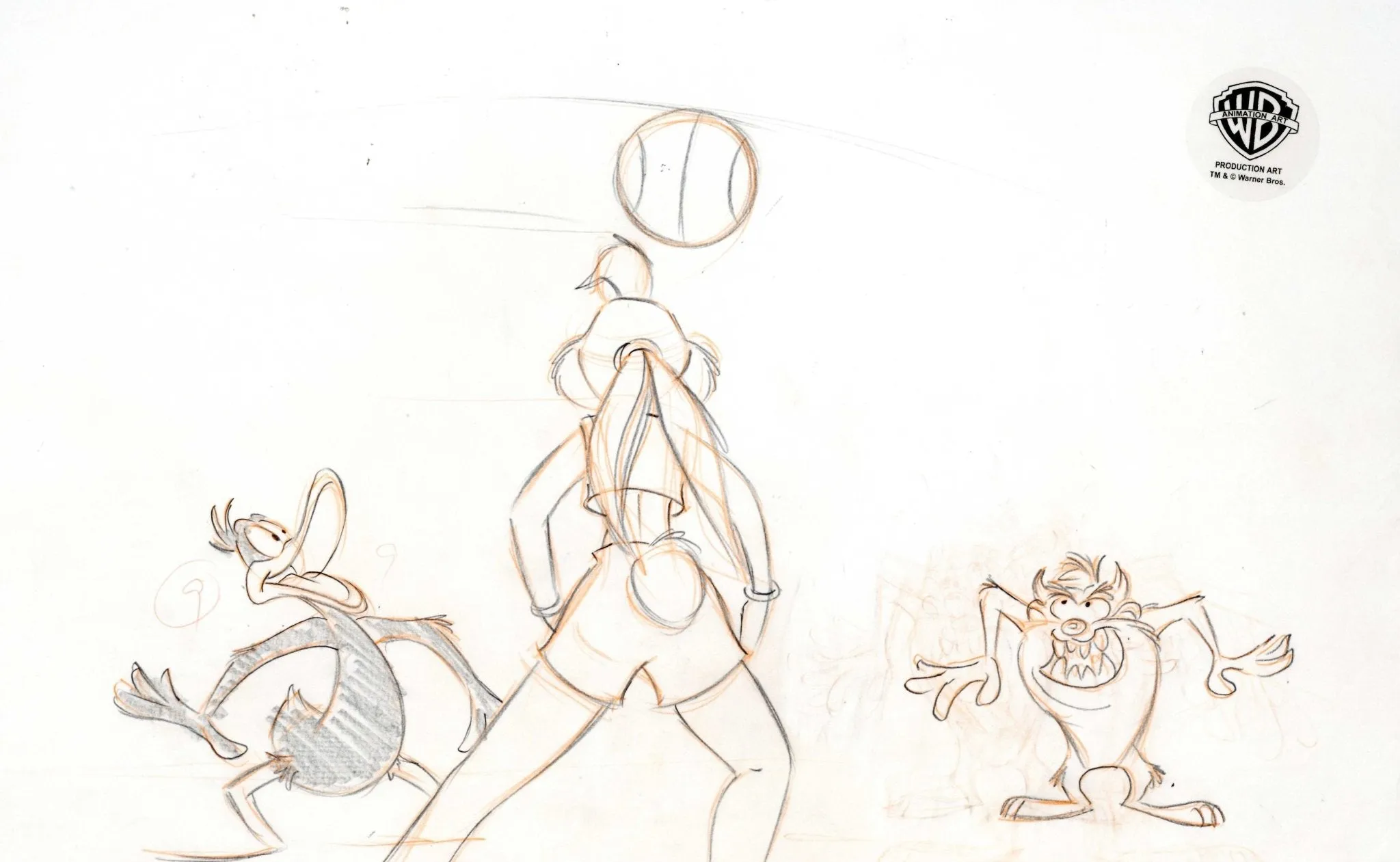 Space Jam Original Production Drawing: Lola, Daffy, and Taz