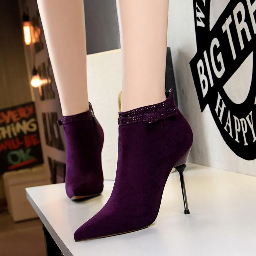Suede Rhinestone Point Toe Zipper High Heel Ankle Boots